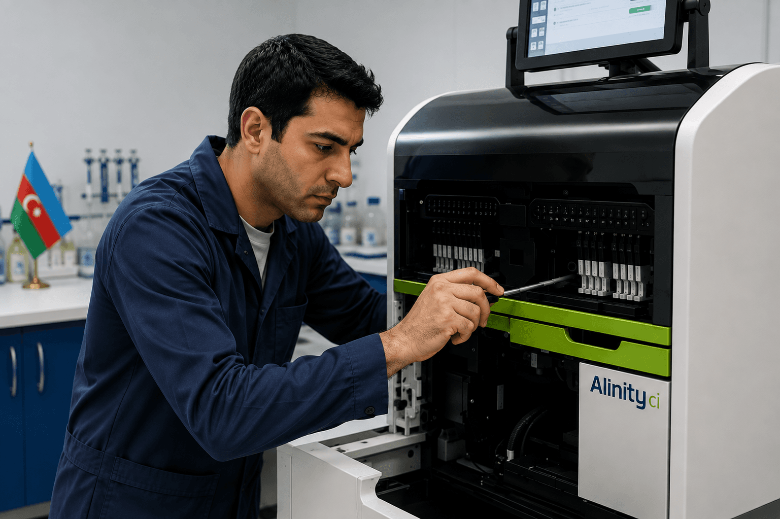 Albatros field engineer servicing a diagnostic analyser.