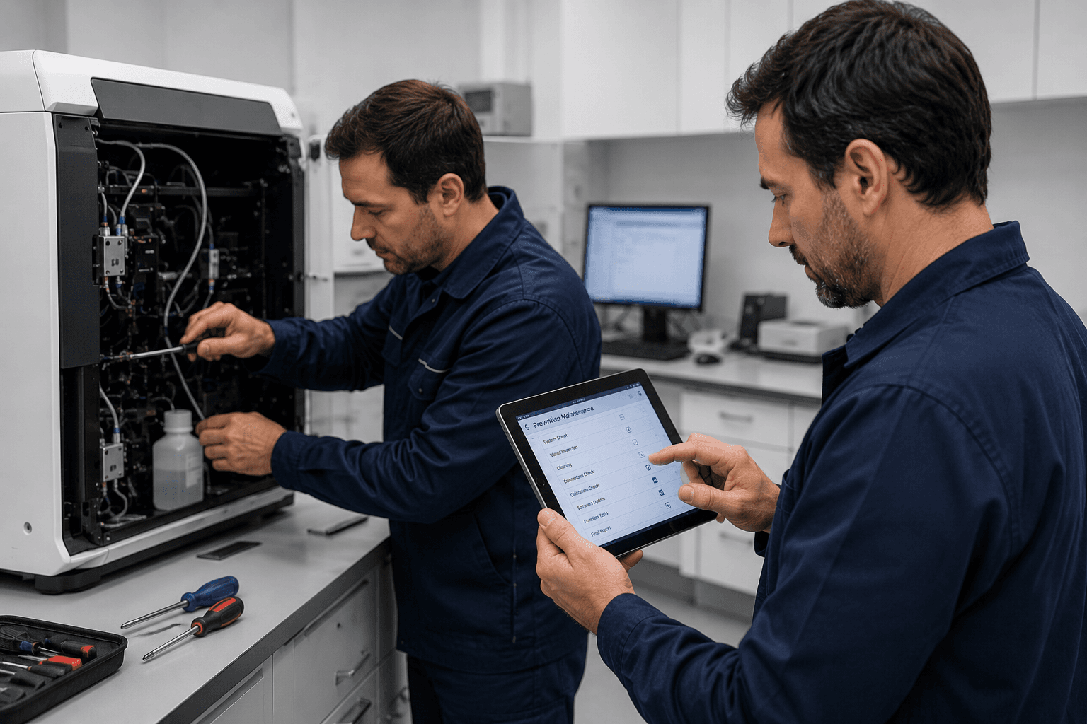 Albatros technicians performing preventive maintenance on a diagnostic analyser.